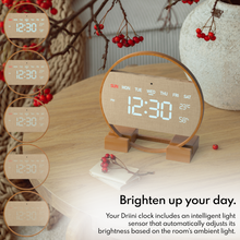 Load image into Gallery viewer, Driini Modern Digital LED Wall Clock - Bamboo Wood with Large Number Display - Day of Week, Time, Temperature, and Humidity Display