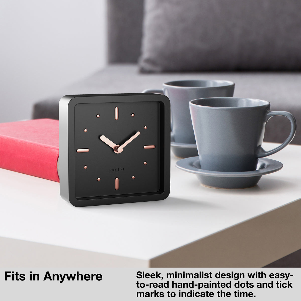 Driini Modern Minimal Square Desk Clock (Black Rose Gold)