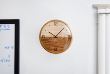 Load image into Gallery viewer, Driini Analog Dome Glass Wall Clock (12") - Pine Wood Frame with Two-Tone Wooden Face - Battery Operated with Silent Movement - Large Decorative Clocks for Classroom, Office, Living Room, or Bedrooms.