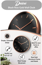 Load image into Gallery viewer, Driini Modern Black Rose Gold Aluminum Analog Wall Clock (12") - Classic Tick Marks