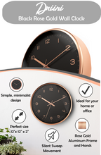 Load image into Gallery viewer, Driini Modern Black Rose Gold Aluminum Analog Wall Clock (12") -Easy-to-Read Numbers