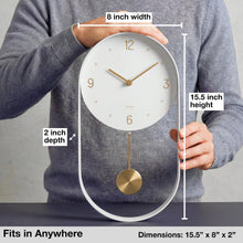 Load image into Gallery viewer, Driini Modern Pendulum Wall Clock - Decorative and Unique Metal Frame, with 8 Inch Face (White)