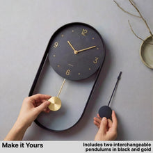 Load image into Gallery viewer, Driini Modern Pendulum Wall Clock - Decorative and Unique Metal Frame, with 8 Inch Face (Black)