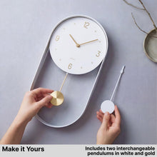 Load image into Gallery viewer, Driini Modern Pendulum Wall Clock - Decorative and Unique Metal Frame, with 8 Inch Face (White)