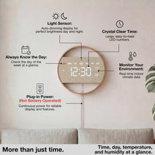 Load image into Gallery viewer, Driini Modern Digital LED Wall Clock - Bamboo Wood with Large Number Display - Day of Week, Time, Temperature, and Humidity Display