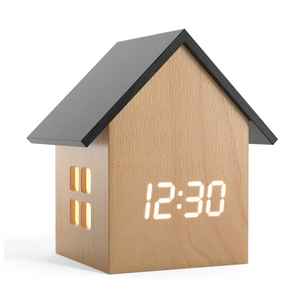 Driini Digital House-Shaped Alarm Clock with Temperature Display (Light Wood)
