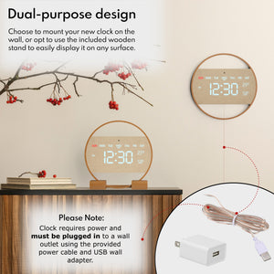 Driini Modern Digital LED Wall Clock - Bamboo Wood with Large Number Display - Day of Week, Time, Temperature, and Humidity Display