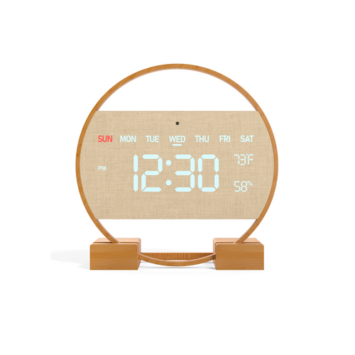 Driini Modern Digital LED Wall Clock - Bamboo Wood with Large Number Display - Day of Week, Time, Temperature, and Humidity Display