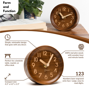 Driini Wooden Desk & Table Analog Clock - Made of Genuine Pine - (Dark)