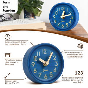 Driini Wooden Desk & Table Analog Clock - Made of Genuine Pine - (Blue)