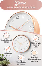 Load image into Gallery viewer, Driini Modern White Rose Gold Aluminum Analog Wall Clock (12&quot;) - Easy-to-Read Numbers