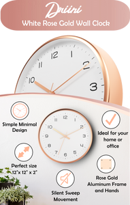 Driini Modern White Rose Gold Aluminum Analog Wall Clock (12") - Easy-to-Read Numbers