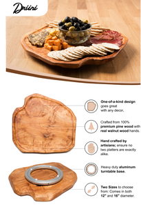 Driini Premium Handmade Root Wood Lazy Susan Turntable Organizer - Large Rustic Wooden Serving Platter Cheese Board (16")